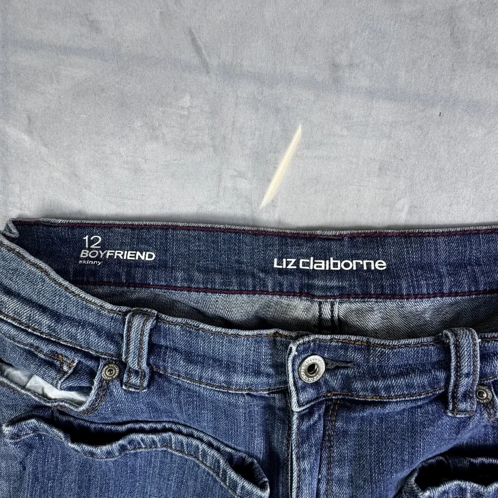 Liz Claiborne Womens Boyfriend Skinny Jeans Blue Whiskered Denim 5-Pocket 12